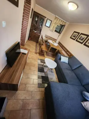 a living room with a blue couch and a tv at Hiša Heidi in Zavrč