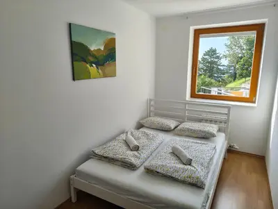 a bedroom with a bed with pillows and a window at Prenočišča Center Mir In Dobro in Solkan