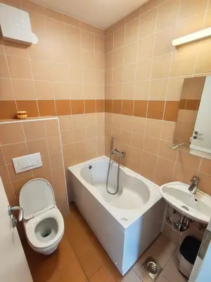 a bathroom with a tub and a toilet and a sink at Prenočišča Center Mir In Dobro in Solkan