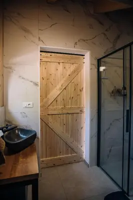 a bathroom with a wooden door and a sink at Štajerska sivka - Jacuzzi & Savna in Maribor