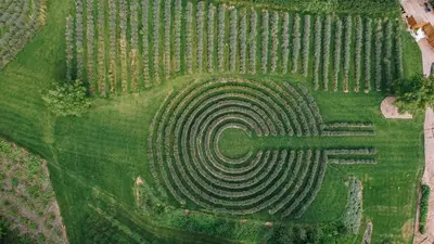 an aerial view of a farm field with a spiral at Štajerska sivka - Jacuzzi & Savna in Maribor
