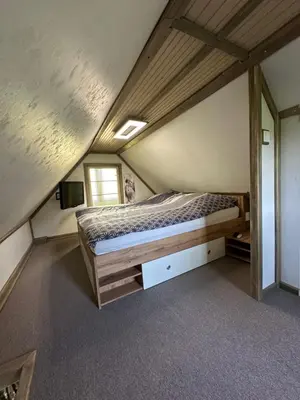 a bedroom with a bed in a attic at Močvirski Tulipan in Ljubljana