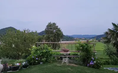 a garden with a table and some flowers at Hiška pri brajdah in Videm pri Ptuju