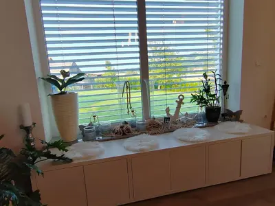 a kitchen counter with a window with plants and a sink at Hiška pri brajdah in Videm pri Ptuju