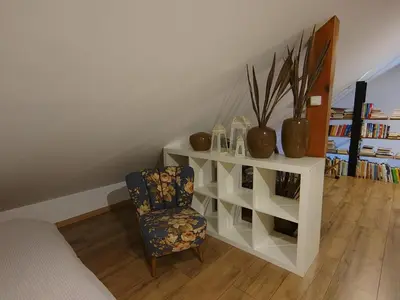 a living room with a chair and a book shelf at Hiška pri brajdah in Videm pri Ptuju
