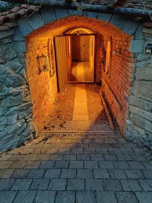 a brick hallway with a door in a brick building at Hiška pri brajdah in Videm pri Ptuju