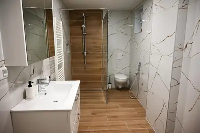 a bathroom with a shower and a sink and a toilet at Apartma Cave Bliss Maribor in Maribor