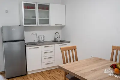 a kitchen with a refrigerator and a table at Ribnik Stari trg in Lesično