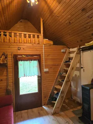 a loft bed in a cabin with a ladder and a window at Lisičja bajta in Stahovica