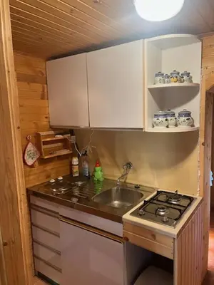 a small kitchen with a sink and a stove at Lisičja bajta in Stahovica