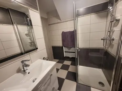 a bathroom with a shower and a sink and a shower at Jack apartments in Maribor