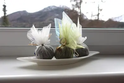three pumpkins on a plate in front of a window at Apartment Maya in Kranjska Gora