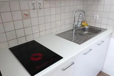 a kitchen with a sink with a red lips on it at Apartment Maya in Kranjska Gora