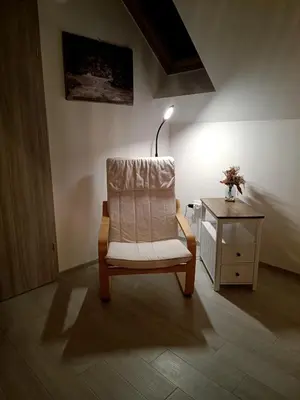 a chair and a dresser in a room at Apartment Loft Pejić - open space loft studio near Bovec, Soča Valley in Bovec