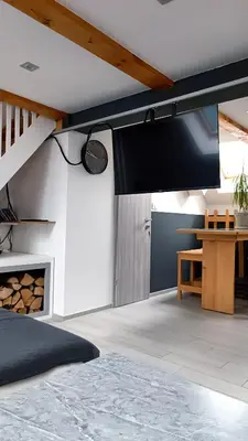 a living room with a tv and a fireplace at Apartment Loft Pejić - open space loft studio near Bovec, Soča Valley in Bovec