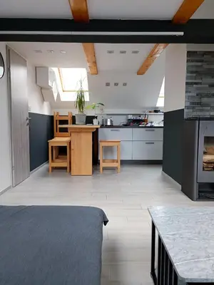 a kitchen with a table and a dining room at Apartment Loft Pejić - open space loft studio near Bovec, Soča Valley in Bovec