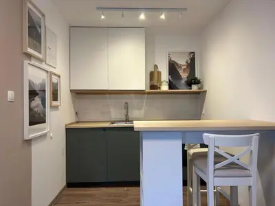 a kitchen with a counter and a sink and a stool at The BeeHouse, Nature stay in Šempeter v Savinjski Dolini