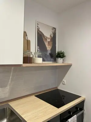 a kitchen with a counter top with a sink at The BeeHouse, Nature stay in Šempeter v Savinjski Dolini
