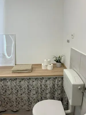 a bathroom with a white toilet and a wooden shelf at The BeeHouse, Nature stay in Šempeter v Savinjski Dolini