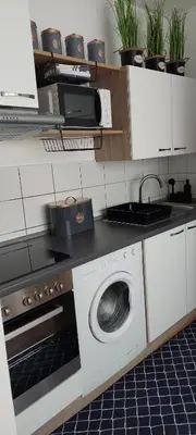 a kitchen with a sink and a washing machine at URBAN HARMONY APARTMENT Maribor in Maribor
