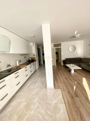 a large kitchen and living room with a couch at Black & White Hideaway with garage in Ljubljana