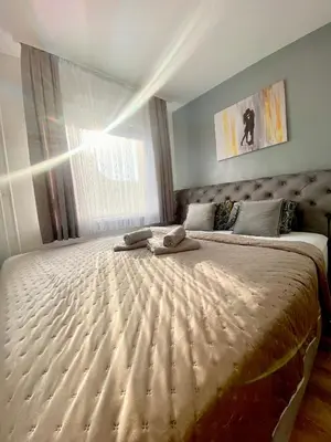 a large bed in a bedroom with a window at Black & White Hideaway with garage in Ljubljana