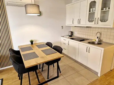 a kitchen with a table and chairs and a sink at Apartmaji PANONIA 
