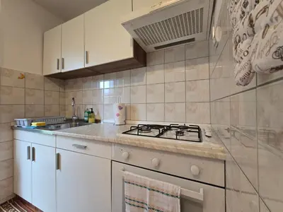 a white kitchen with a stove and a sink at Neptun apartment in Ljubljana