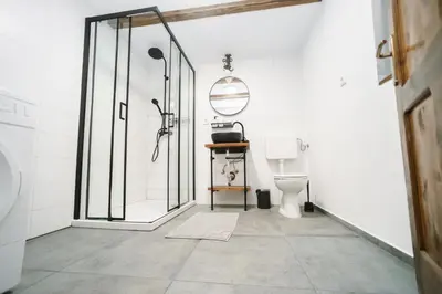 a bathroom with a shower and a toilet at Cozy Alpine House in Gozd Martuljek