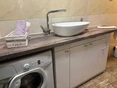 a bathroom with a sink and a washing machine at Studio Lipa in Maribor