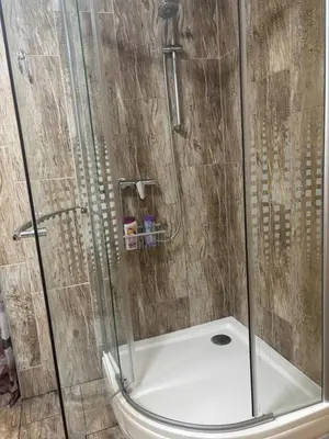 a shower in a bathroom with a glass door at Studio Lipa in Maribor