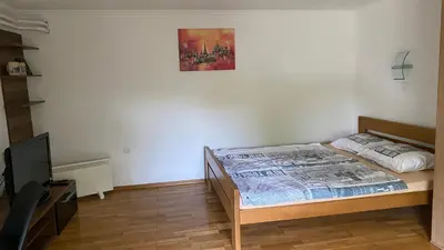 a bedroom with a bed and a flat screen tv at Semper Liberi in Maribor