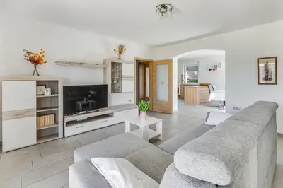 a living room with a couch and a tv at Počitniška hiša Kapitanovše in Ajdovščina