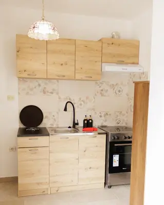 a kitchen with wooden cabinets and a sink at Apartma Frigidum in Vipava