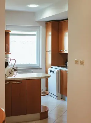 a kitchen with wooden cabinets and a window at Apartma Frigidum in Vipava