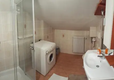a bathroom with a shower and a toilet and a sink at Rooms with shared kitchen Zver, great for hikers in Hudajužna