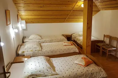 three twin beds in a room with wooden ceilings at Rooms with shared kitchen Zver, great for hikers in Hudajužna