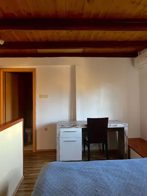 a bedroom with a desk and a chair next to a bed at Apartma Gasa in Brežice
