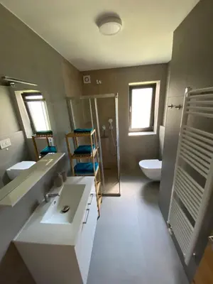 a bathroom with two sinks and a toilet and a shower at Apartma PRI ŠTAJERKI in Most na Soči