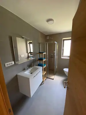 a bathroom with a sink and a toilet and a shower at Apartma PRI ŠTAJERKI in Most na Soči
