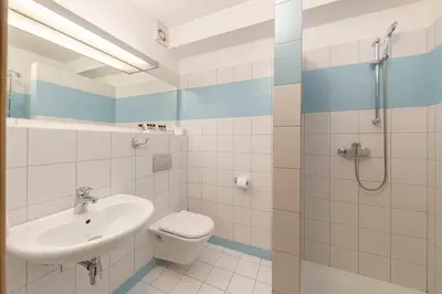 a bathroom with a sink and a toilet and a shower at Gostilna Lipan in Gorenja Vas