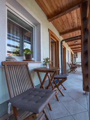 a porch with chairs and a table and windows at Apartments Šuster in Stari Trg ob Kolpi