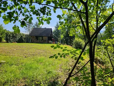 a small house in the middle of a grass field at WoodHouseDream Jakuzzi in Nazarje
