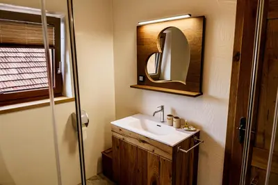 a bathroom with a sink and a mirror at Rooms Dreisiebner at the Heart in Zgornja Kungota