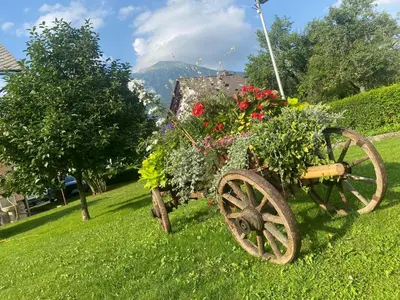 a wooden cart filled with flowers on a field at Apartma Tatjana in Žirovnica