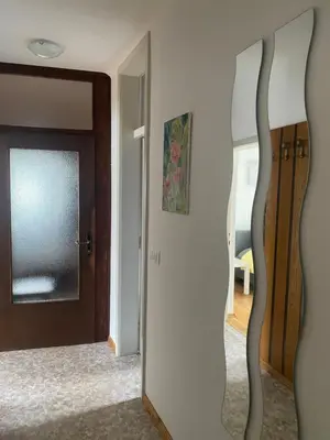 a hallway with a door and a mirror in a room at Apartma Tatjana in Žirovnica