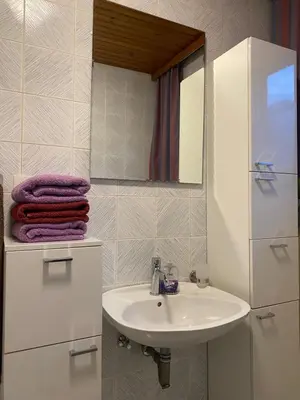 a bathroom with a sink and a mirror and towels at Apartma Tatjana in Žirovnica