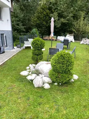 a yard with chairs and bushes and an umbrella at Lux in Bohinj in Bohinj