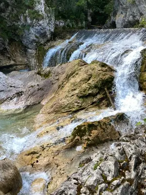 a waterfall on the side of a river at Lux in Bohinj in Bohinj