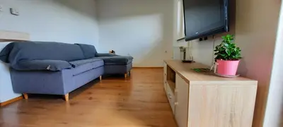 a living room with a blue couch and a tv at Apartma Helena in Ajdovščina